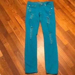 DOLLHOUSE TEAL DISTRESSED SKINNY JEANS